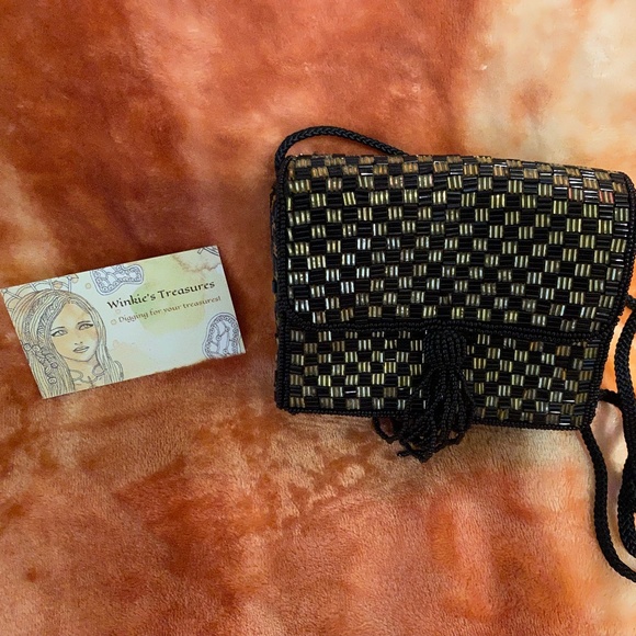 Magid Beaded Black and Gold Evening Bag with Beaded Tassel - Picture 13 of 15